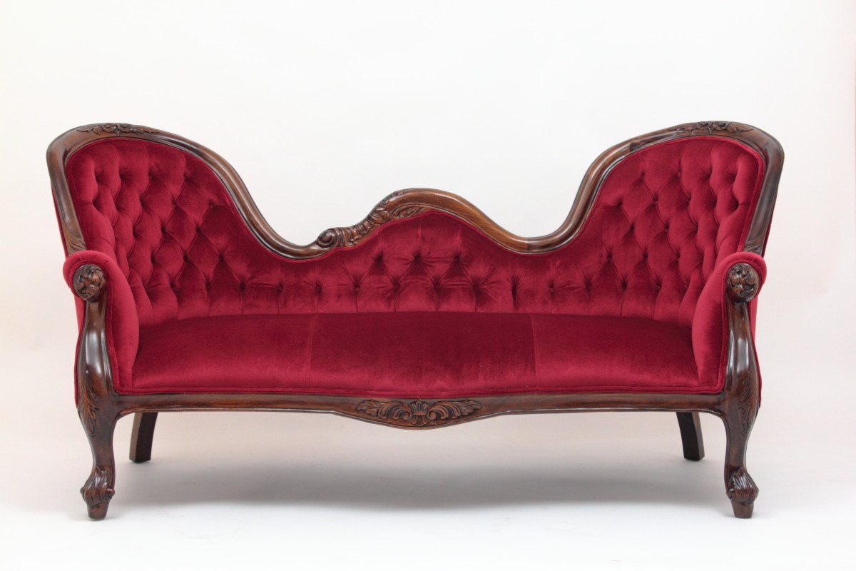 Victorian reproduction settee in red velvet by Laurel Crown